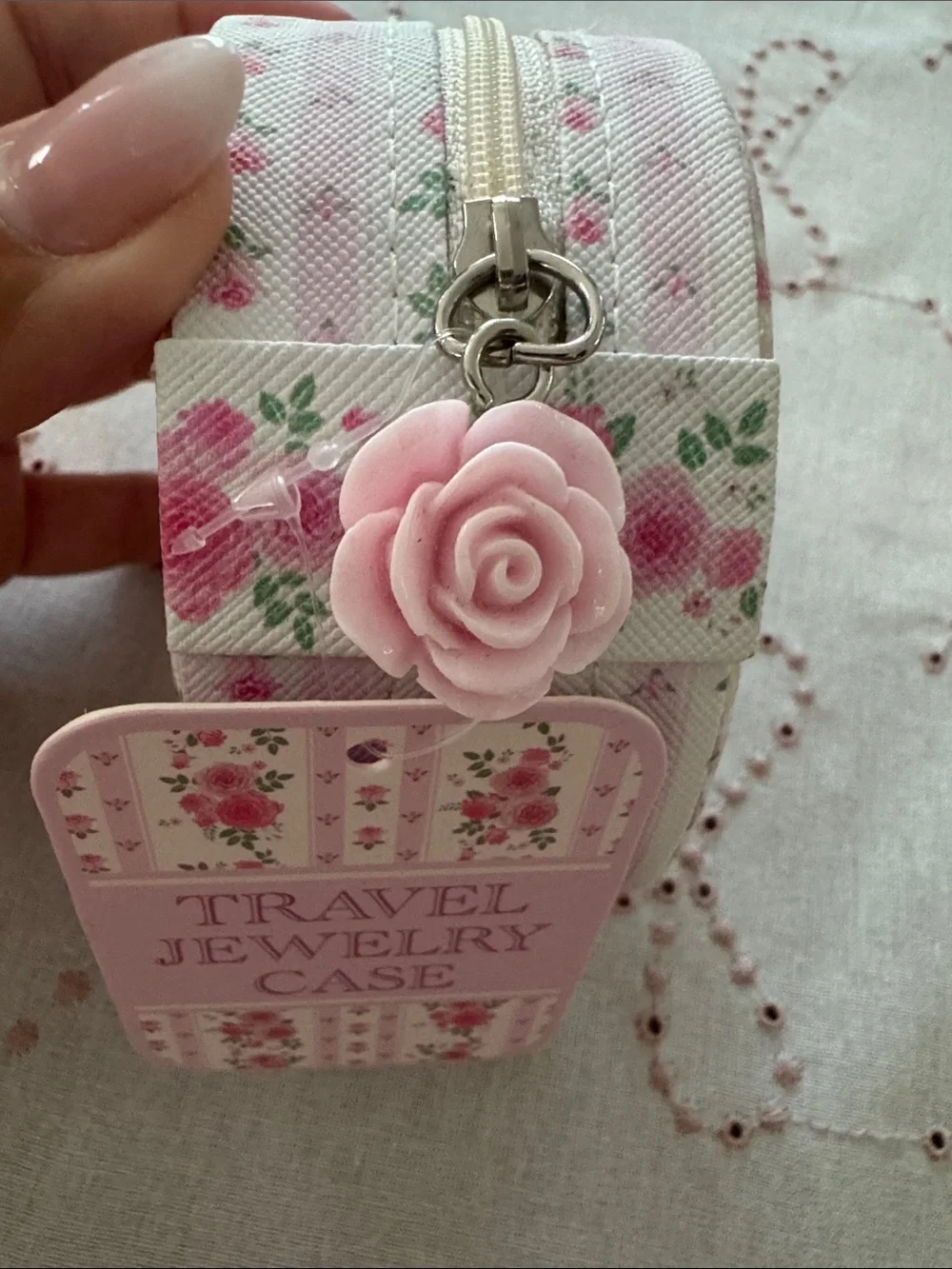LoveShackFancy Round Floral Travel Jewelry Case in Pink and Green
